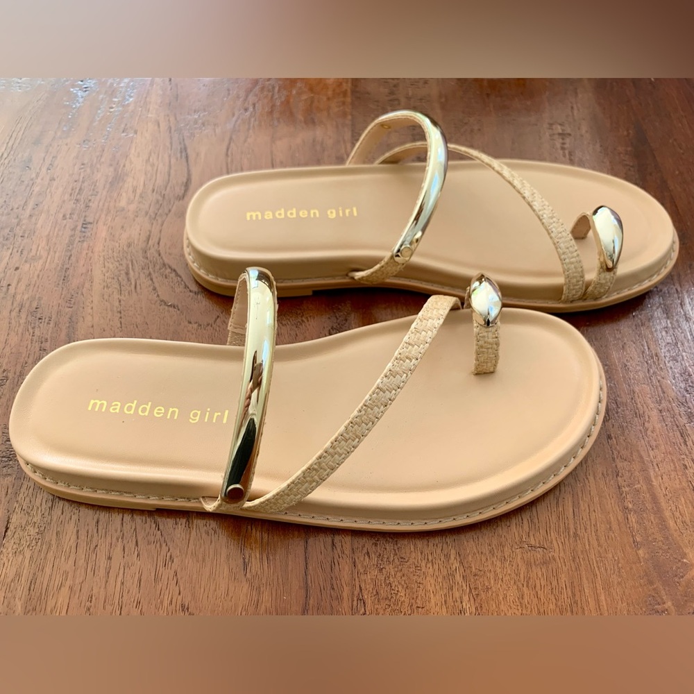 Madden Girl Caribbean Slide Sandals Beige with Raffia & Metallic Accents